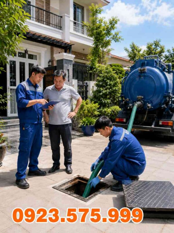 Kỹ thuật viên Kiến Môi Trường thực hiện quy trình hút hầm cầu Quận 9 bằng xe chuyên dụng