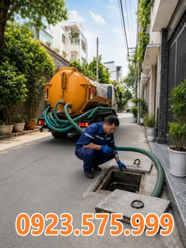 Kỹ thuật viên Kiến Môi Trường khảo sát và hút hầm cầu Quận 9 bằng xe chuyên dụng